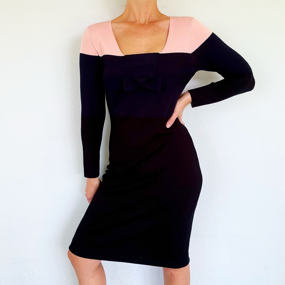 Sonia Rykiel blush navy black color block wool knit bow sweater dress size 40